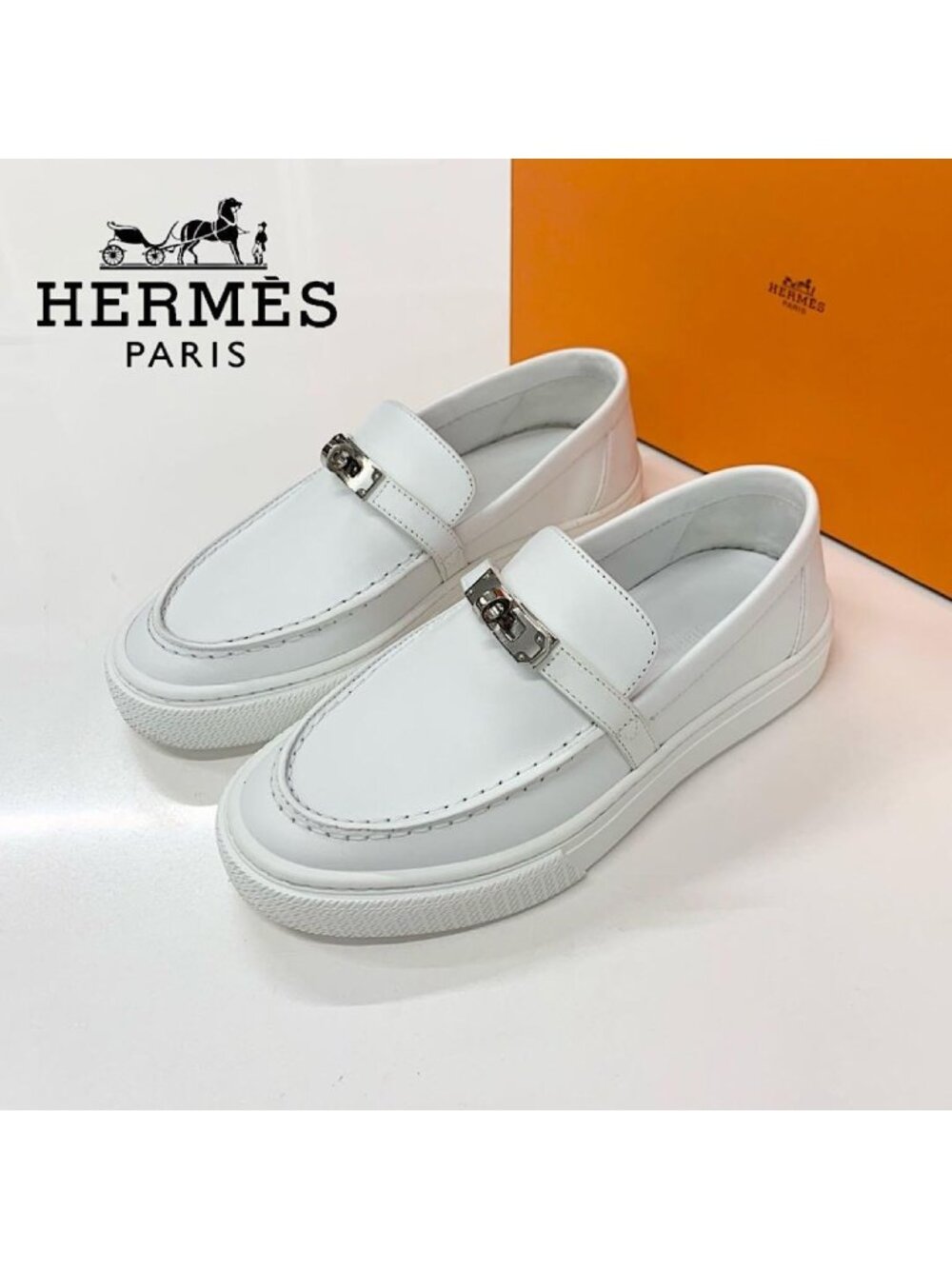 Hermes Game Leather Kelly Slip Ons White Slipper